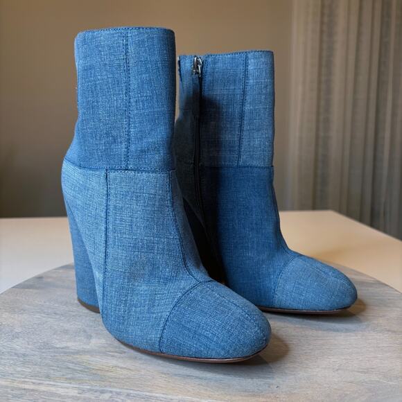10 Crosby by Derek Lam Blue Denim Patchwork Ankle Bootie Block Heel Boots Sz 8 - Picture 2 of 12